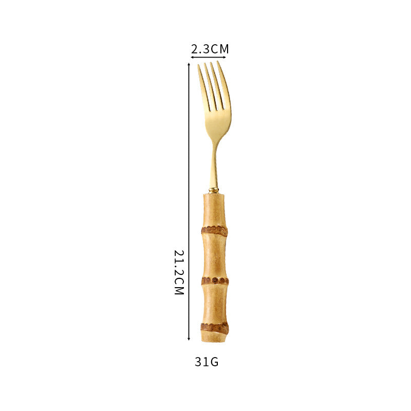 Natural Bamboo Handle Stainless Steel Tableware, Dessert Salad Spoon Fork, Bamboo Joint Handle, Western Food Steak Knife