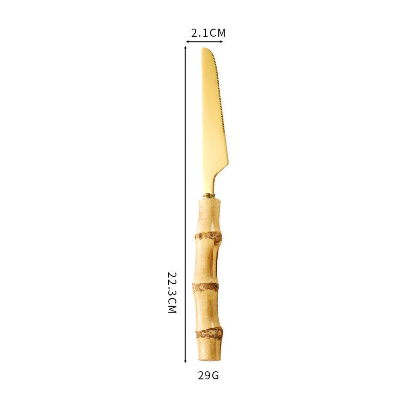 Natural Bamboo Handle Stainless Steel Tableware, Dessert Salad Spoon Fork, Bamboo Joint Handle, Western Food Steak Knife