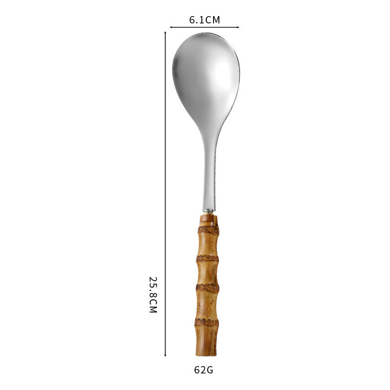 Natural Bamboo Handle Stainless Steel Tableware, Dessert Salad Spoon Fork, Bamboo Joint Handle, Western Food Steak Knife