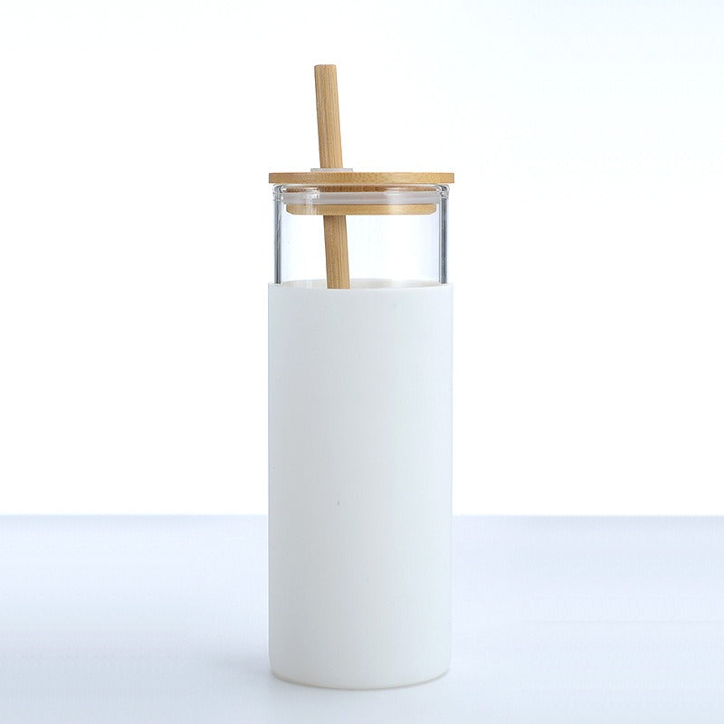 Bamboo Covered Single Layer High Borosilicate Glass Cup With Silicone Sleeve Straw Water Cup, Simple And Easy To Use Cup