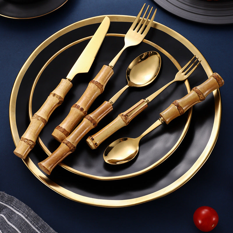 Natural Bamboo Handle Stainless Steel Tableware, Dessert Salad Spoon Fork, Bamboo Joint Handle, Western Food Steak Knife
