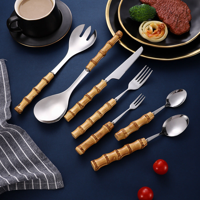 Natural Bamboo Handle Stainless Steel Tableware, Dessert Salad Spoon Fork, Bamboo Joint Handle, Western Food Steak Knife