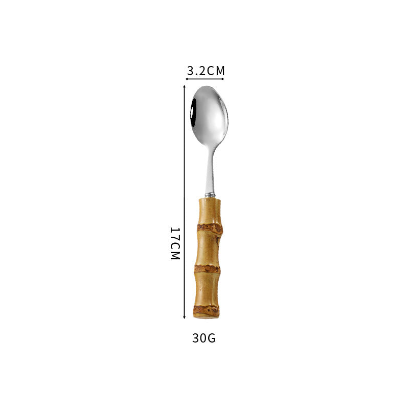 Natural Bamboo Handle Stainless Steel Tableware, Dessert Salad Spoon Fork, Bamboo Joint Handle, Western Food Steak Knife
