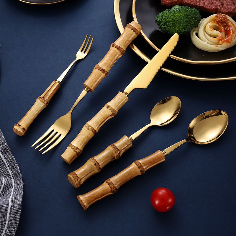 Natural Bamboo Handle Stainless Steel Tableware, Dessert Salad Spoon Fork, Bamboo Joint Handle, Western Food Steak Knife