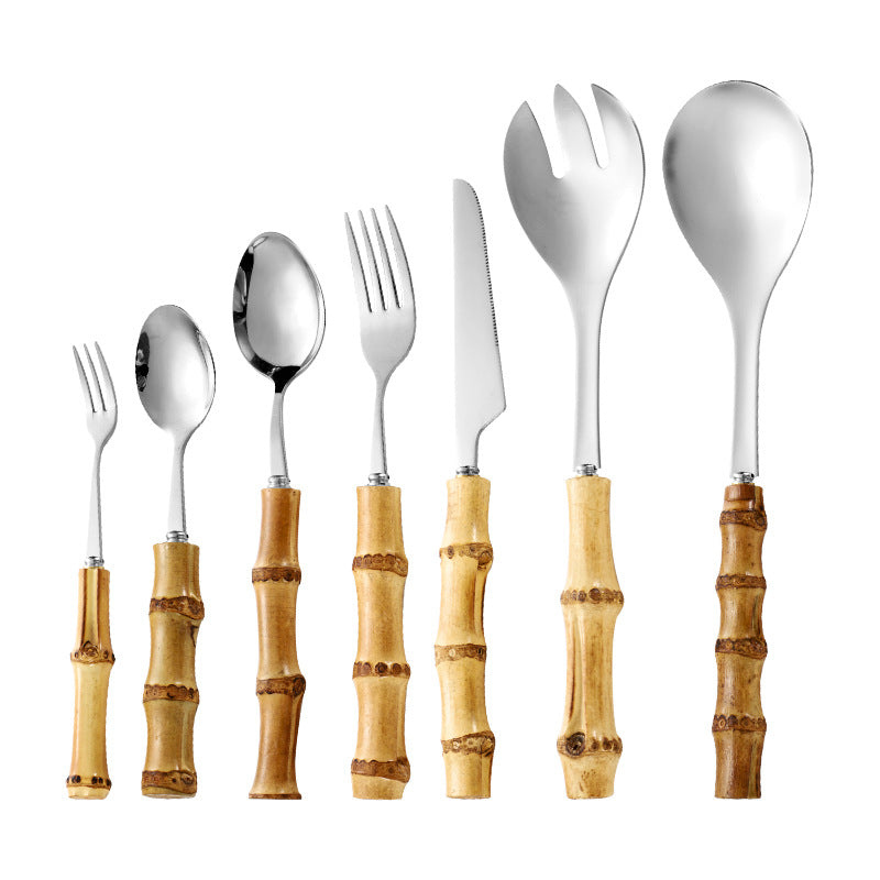 Natural Bamboo Handle Stainless Steel Tableware, Dessert Salad Spoon Fork, Bamboo Joint Handle, Western Food Steak Knife