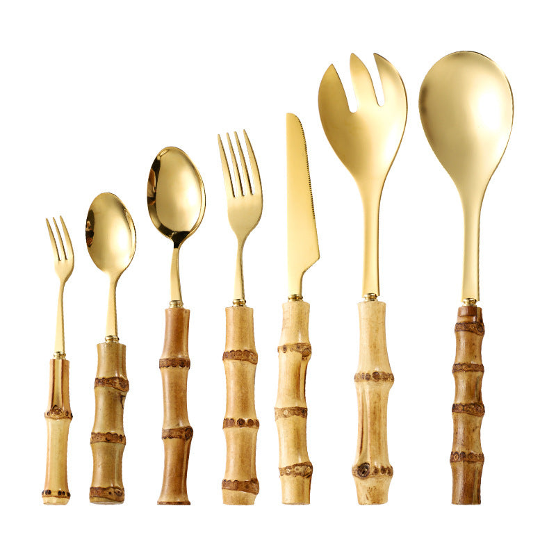 Natural Bamboo Handle Stainless Steel Tableware, Dessert Salad Spoon Fork, Bamboo Joint Handle, Western Food Steak Knife