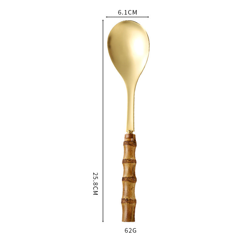Natural Bamboo Handle Stainless Steel Tableware, Dessert Salad Spoon Fork, Bamboo Joint Handle, Western Food Steak Knife