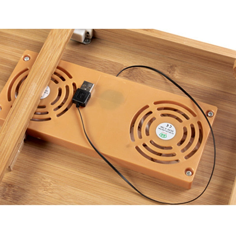 Ergonomics Adjustable Laptop Desk with USB Cooling Fan for Lap Table Bamboo Foldable Breakfast Serving Bed Tray Cozy Yellow