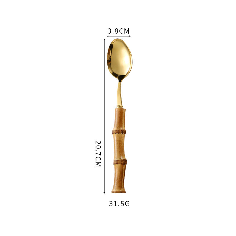 Natural Bamboo Handle Stainless Steel Tableware, Dessert Salad Spoon Fork, Bamboo Joint Handle, Western Food Steak Knife