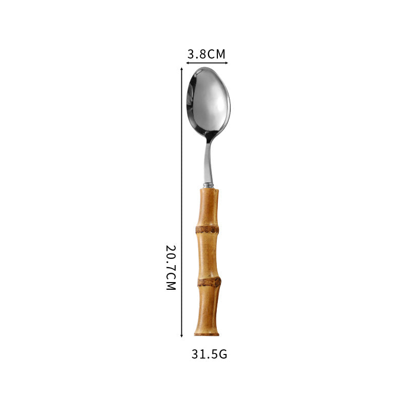 Natural Bamboo Handle Stainless Steel Tableware, Dessert Salad Spoon Fork, Bamboo Joint Handle, Western Food Steak Knife