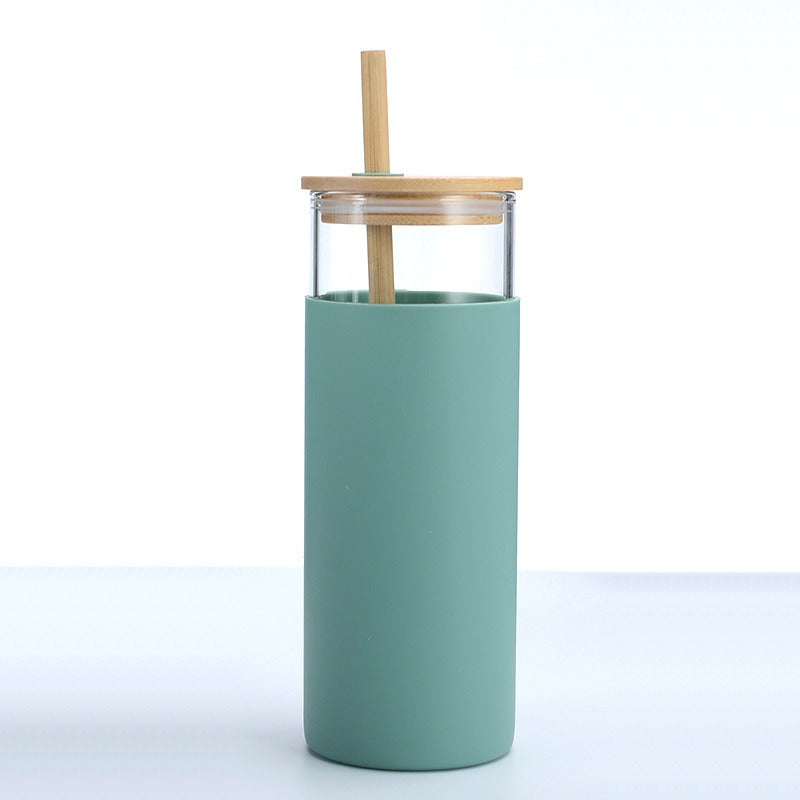 Bamboo Covered Single Layer High Borosilicate Glass Cup With Silicone Sleeve Straw Water Cup, Simple And Easy To Use Cup