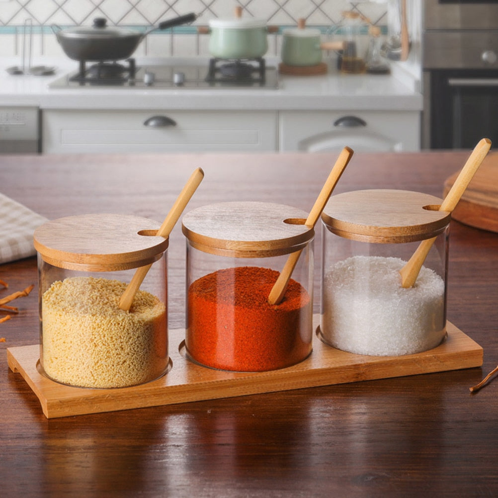 Spice Jar with Wooden Spoon Bamboo Lid