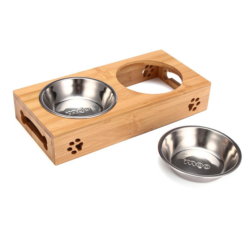 Double Single Dog Bowls for Pet Puppy Stainless Steel Bamboo Rack Food Water Bowl Feeder Pet Cats Feeding Dishes Dogs Drink Bowl