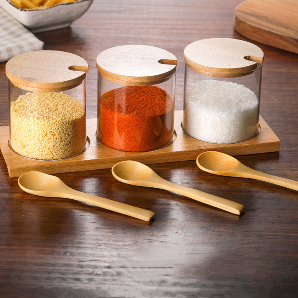 Spice Jar with Wooden Spoon Bamboo Lid