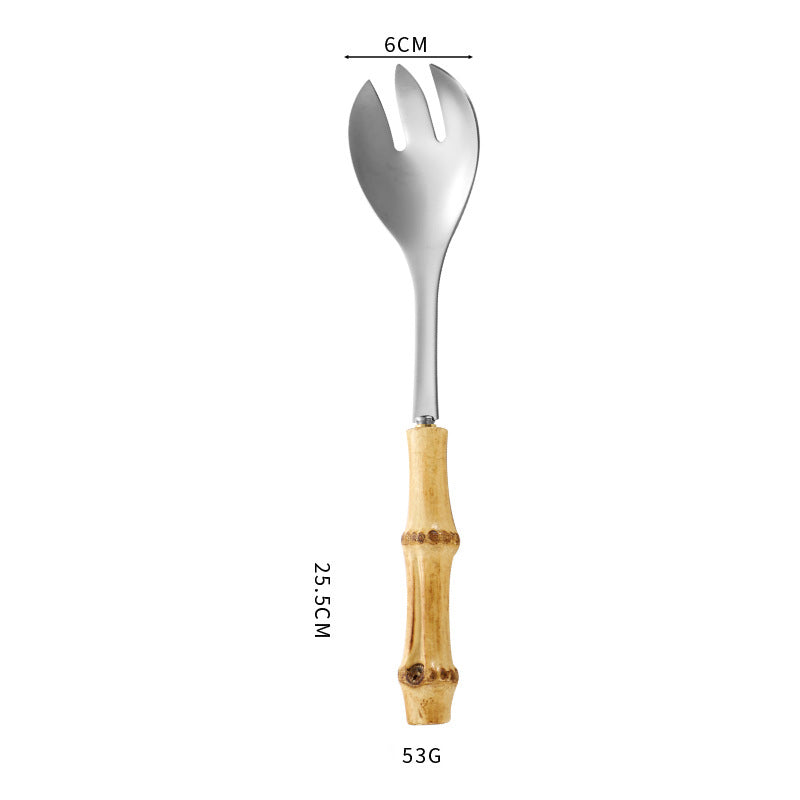 Natural Bamboo Handle Stainless Steel Tableware, Dessert Salad Spoon Fork, Bamboo Joint Handle, Western Food Steak Knife