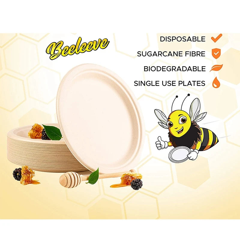 Compostable Disposable Round Bagasse Paper Plates, Biodegradable Sugarcane Fibre, 100 Pack 7In