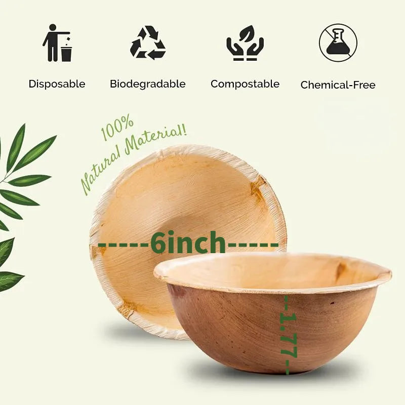 Palm Leaf Bowls, Biodegradable, Eco Friendly, 10/25Pcs 6Inch