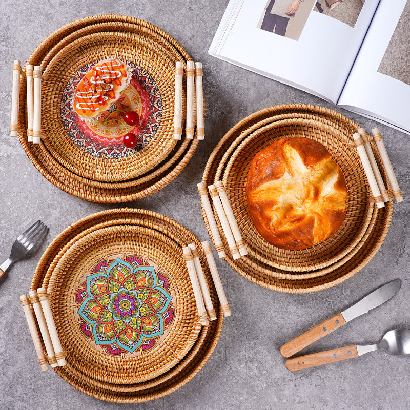 Vietnam Rattan Tray Bamboo Woven Fruit Tray Japanese Breakfast Bun Basket Snacks Bread Snacks Woven Basket Fruit Basket