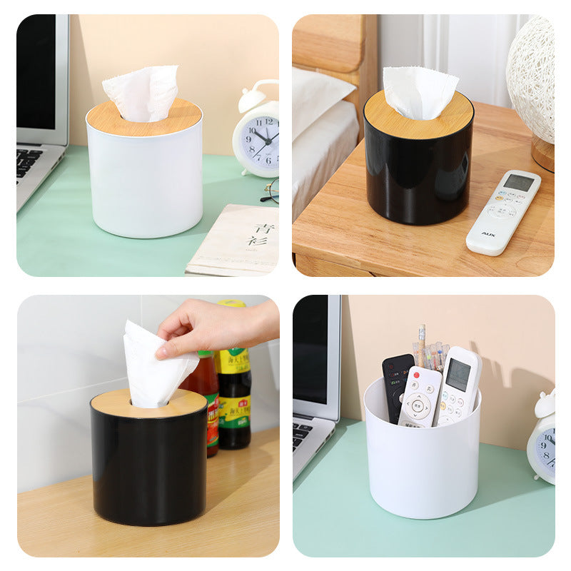 Round Bamboo And Wood Tissue Box Creative Simple Living Room Household Paper Box Napkin Box Remote Control Storage Box Roll Paper Box