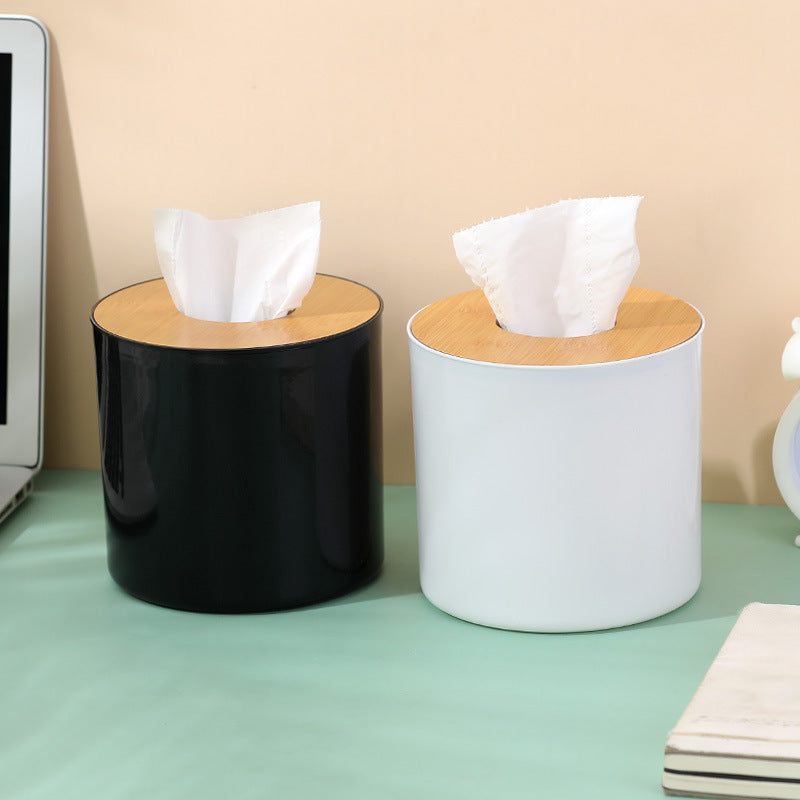 Round Bamboo And Wood Tissue Box Creative Simple Living Room Household Paper Box Napkin Box Remote Control Storage Box Roll Paper Box