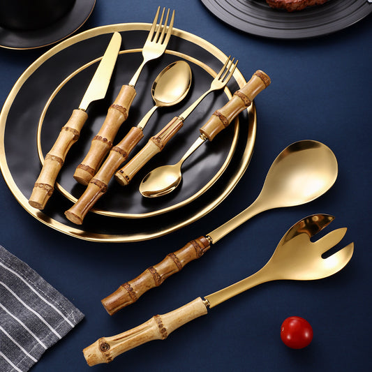 Natural Bamboo Handle Stainless Steel Tableware, Dessert Salad Spoon Fork, Bamboo Joint Handle, Western Food Steak Knife