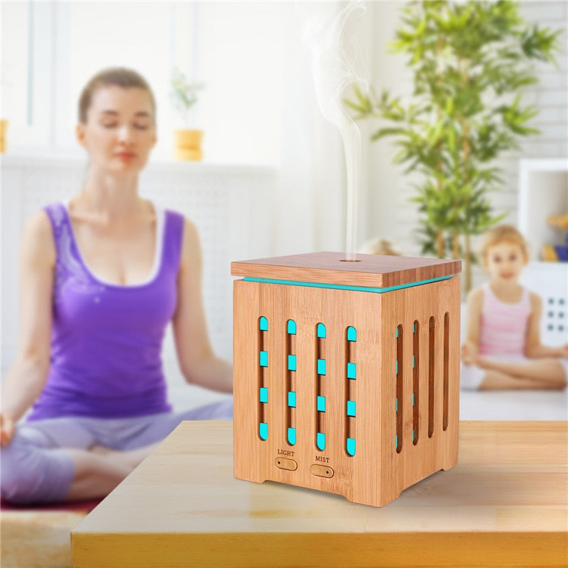 Real Bamboo Essential Oil Diffuser with 7 LED Colorful Lights and Waterless Auto Shut