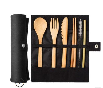 7-Piece Wooden Flatware Cutlery Set Bamboo Straw Dinnerware Set With Cloth Bag Knives Fork Spoon Chopsticks Travel Wholesale