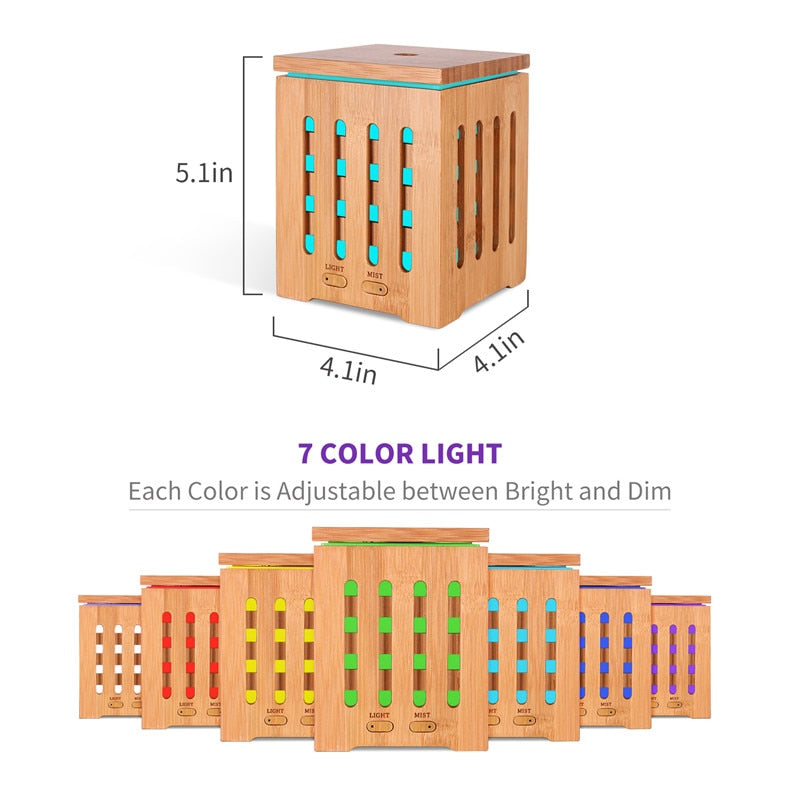 Real Bamboo Essential Oil Diffuser with 7 LED Colorful Lights and Waterless Auto Shut