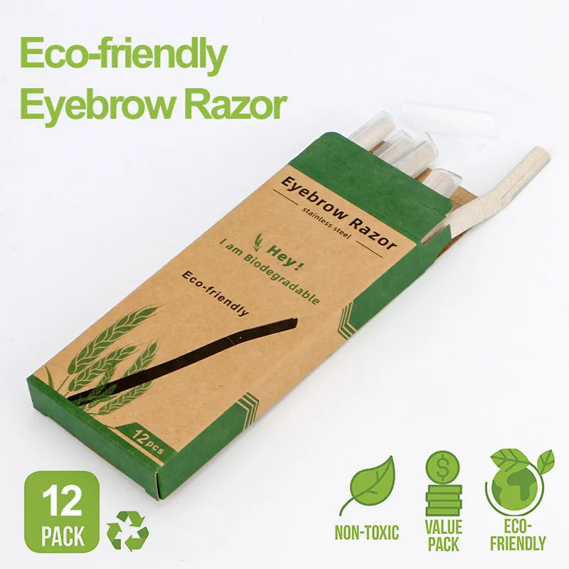 Pack of 12 Biodegradable Eyebrow Razor Eco Friendly Eyebrow Hair Trimmer Wheat Straw Women Face Razor Dermaplaning Blades Kit
