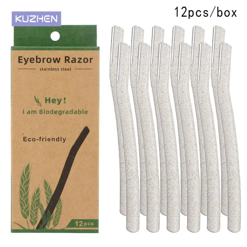 Pack of 12 Biodegradable Eyebrow Razor Eco Friendly Eyebrow Hair Trimmer Wheat Straw Women Face Razor Dermaplaning Blades Kit