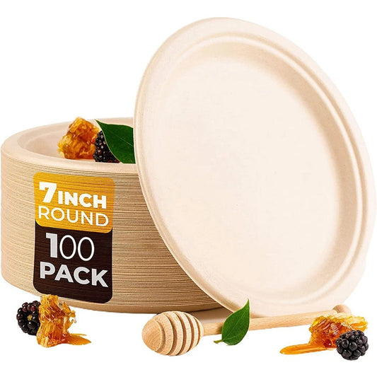 Compostable Disposable Round Bagasse Paper Plates, Biodegradable Sugarcane Fibre, 100 Pack 7In